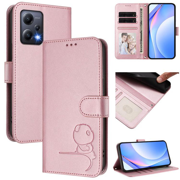 Funda de cuero RFID para teléfono con relieve de panda y cordón, For Redmi 11A / Xiaomi Poco C55, For Redmi Note 12 Pro 5G Global / India, For Redmi Note 12 5G Global / India