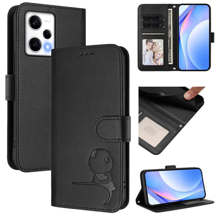 Funda de cuero RFID para teléfono con relieve de panda y cordón, For Redmi 11A / Xiaomi Poco C55, For Redmi Note 12 Pro 5G Global / India, For Redmi Note 12 5G Global / India