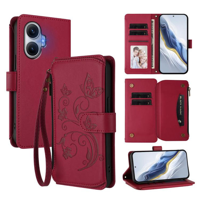 Funda de cuero para teléfono con cartera multitarjeta con cremallera y diseño de mariposa y flor de amor, For Redmi A7 / A5 4G 171mm / Poco C71, For Redmi K90 Max 5G, For Redmi A7 Pro 171mm / Poco C85x 5G, For Redmi Turbo 5 Max / Poco X8 Pro Max       ...
