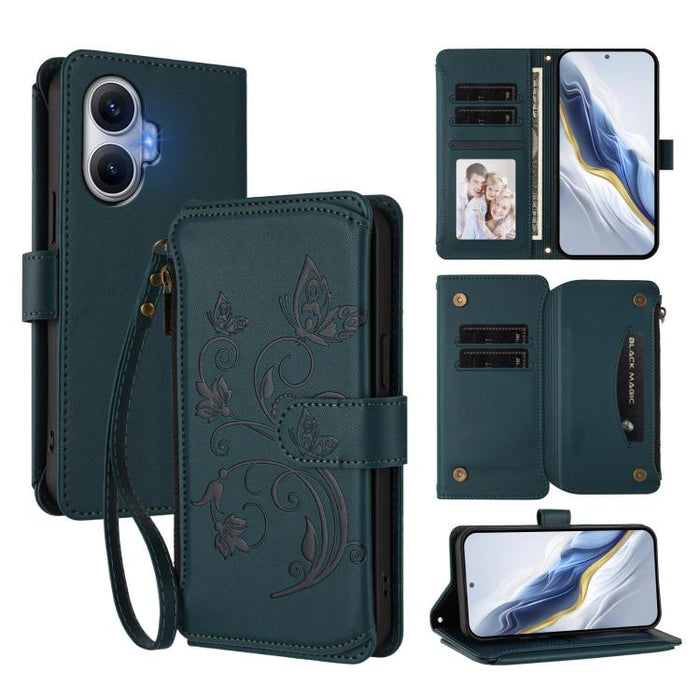 Funda de cuero para teléfono con cartera multitarjeta con cremallera y diseño de mariposa y flor de amor, For Redmi A7 / A5 4G 171mm / Poco C71, For Redmi K90 Max 5G, For Redmi A7 Pro 171mm / Poco C85x 5G, For Redmi Turbo 5 Max / Poco X8 Pro Max       ...