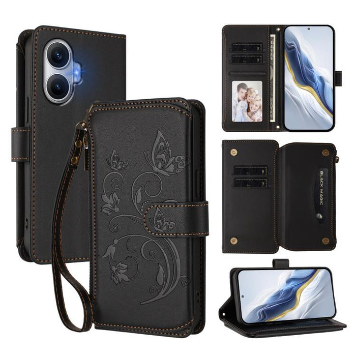Funda de cuero para teléfono con cartera multitarjeta con cremallera y diseño de mariposa y flor de amor, For Redmi A7 / A5 4G 171mm / Poco C71, For Redmi K90 Max 5G, For Redmi A7 Pro 171mm / Poco C85x 5G, For Redmi Turbo 5 Max / Poco X8 Pro Max       ...