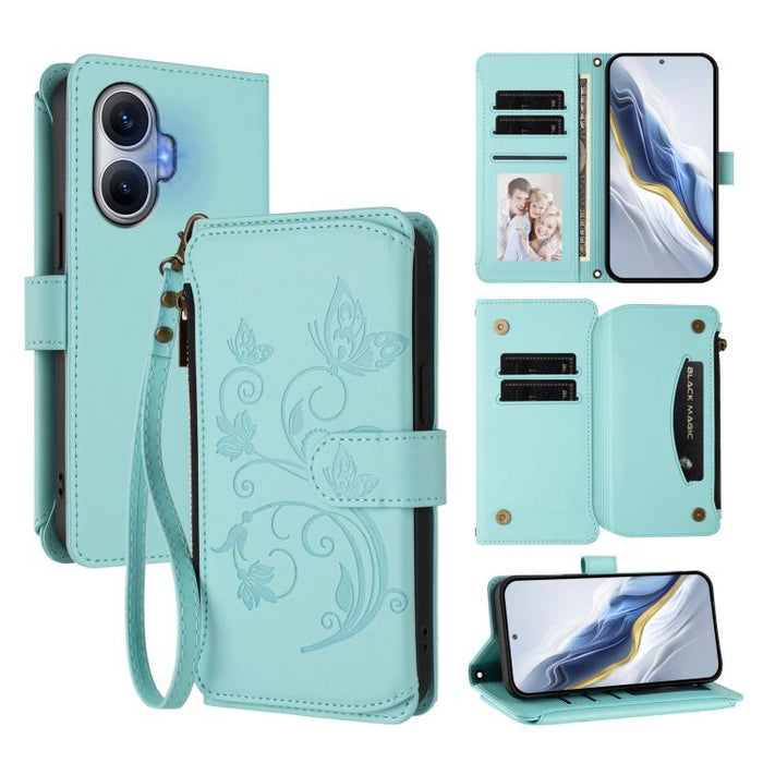 Funda de cuero para teléfono con cartera multitarjeta con cremallera y diseño de mariposa y flor de amor, For Redmi A7 / A5 4G 171mm / Poco C71, For Redmi K90 Max 5G, For Redmi A7 Pro 171mm / Poco C85x 5G, For Redmi Turbo 5 Max / Poco X8 Pro Max       ...