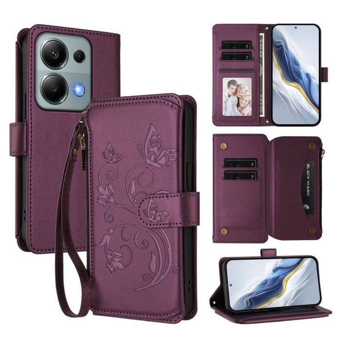 Funda de cuero para teléfono con cartera multitarjeta con cremallera y diseño de mariposa y flor de amor, For Redmi A5 4G 173.3mm, For Redmi Note 14S 4G / Note 13 Pro 4G, For Redmi Note 14 4G 164.84mm, For Redmi Note 14 Pro 5G / Note 14 Pro+ 5G        ...
