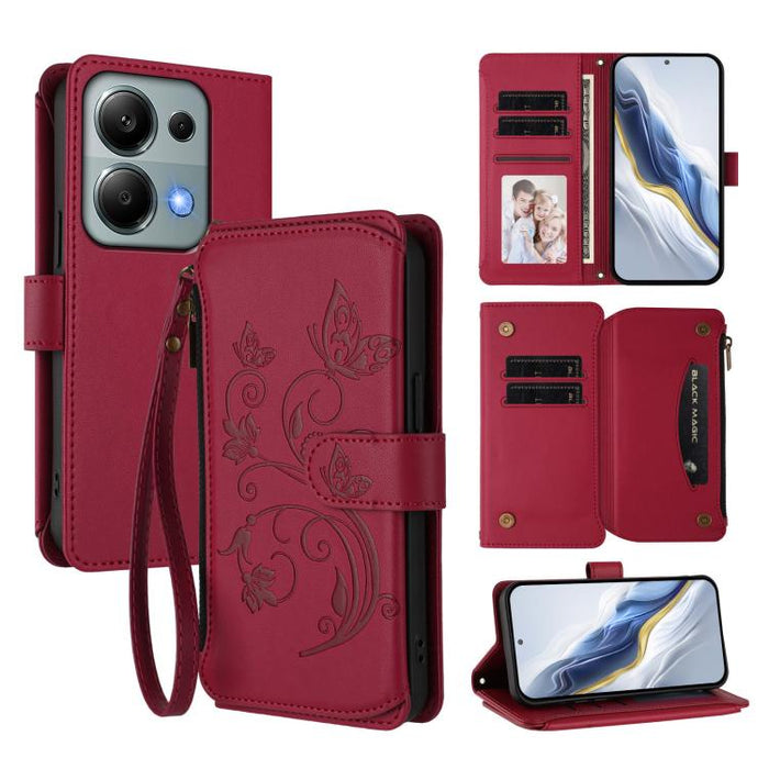 Funda de cuero para teléfono con cartera multitarjeta con cremallera y diseño de mariposa y flor de amor, For Redmi A5 4G 173.3mm, For Redmi Note 14S 4G / Note 13 Pro 4G, For Redmi Note 14 4G 164.84mm, For Redmi Note 14 Pro 5G / Note 14 Pro+ 5G        ...
