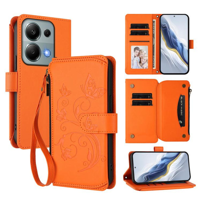 Funda de cuero para teléfono con cartera multitarjeta con cremallera y diseño de mariposa y flor de amor, For Redmi A5 4G 173.3mm, For Redmi Note 14S 4G / Note 13 Pro 4G, For Redmi Note 14 4G 164.84mm, For Redmi Note 14 Pro 5G / Note 14 Pro+ 5G        ...