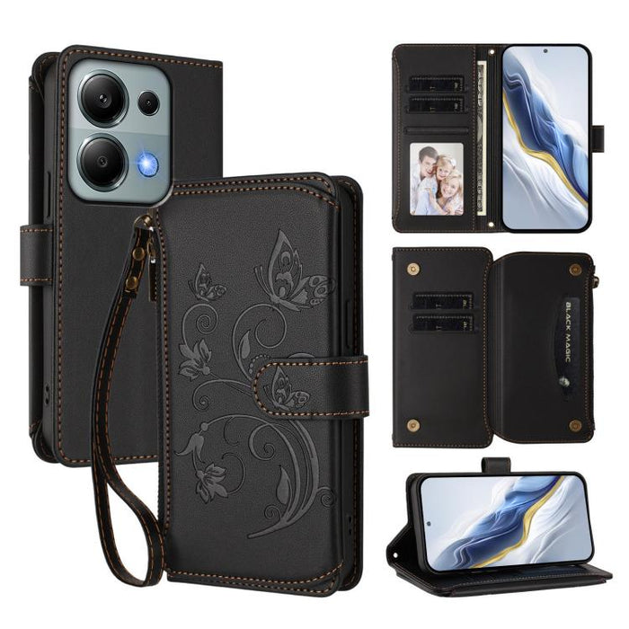 Funda de cuero para teléfono con cartera multitarjeta con cremallera y diseño de mariposa y flor de amor, For Redmi A5 4G 173.3mm, For Redmi Note 14S 4G / Note 13 Pro 4G, For Redmi Note 14 4G 164.84mm, For Redmi Note 14 Pro 5G / Note 14 Pro+ 5G        ...