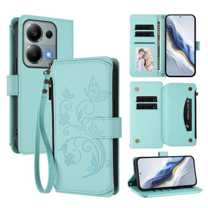 Funda de cuero para teléfono con cartera multitarjeta con cremallera y diseño de mariposa y flor de amor, For Redmi A5 4G 173.3mm, For Redmi Note 14S 4G / Note 13 Pro 4G, For Redmi Note 14 4G 164.84mm, For Redmi Note 14 Pro 5G / Note 14 Pro+ 5G        ...