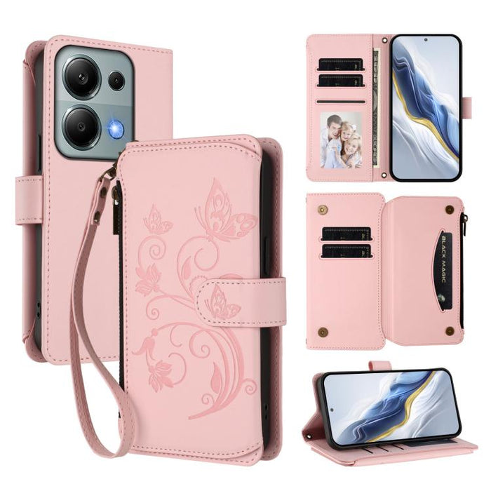 Funda de cuero para teléfono con cartera multitarjeta con cremallera y diseño de mariposa y flor de amor, For Redmi A5 4G 173.3mm, For Redmi Note 14S 4G / Note 13 Pro 4G, For Redmi Note 14 4G 164.84mm, For Redmi Note 14 Pro 5G / Note 14 Pro+ 5G        ...