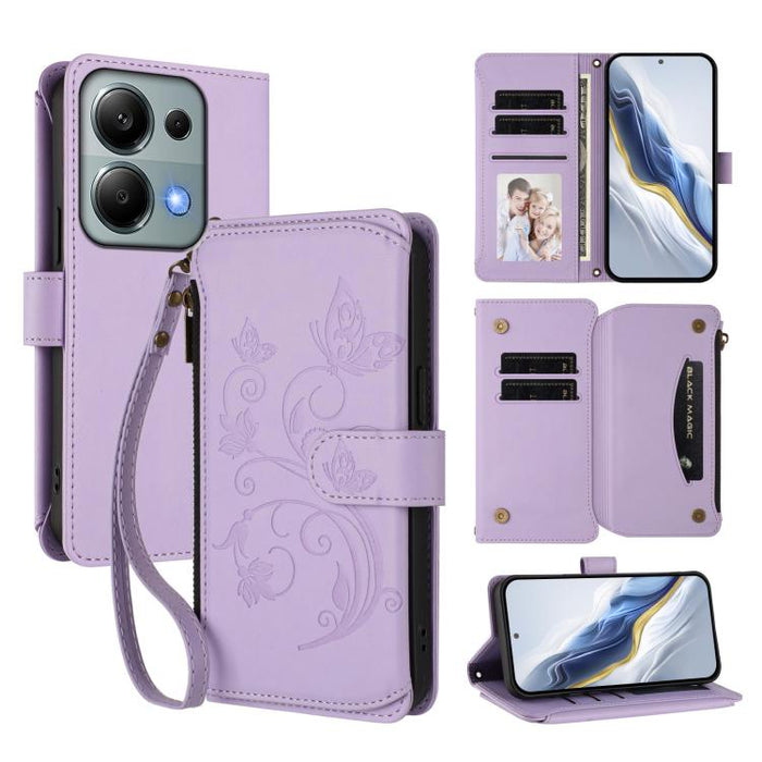 Funda de cuero para teléfono con cartera multitarjeta con cremallera y diseño de mariposa y flor de amor, For Redmi A5 4G 173.3mm, For Redmi Note 14S 4G / Note 13 Pro 4G, For Redmi Note 14 4G 164.84mm, For Redmi Note 14 Pro 5G / Note 14 Pro+ 5G        ...