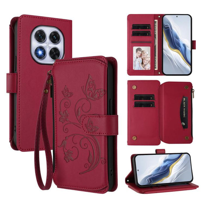 Funda de cuero para teléfono con cartera multitarjeta con cremallera y diseño de mariposa y flor de amor, For Redmi A5 4G 173.3mm, For Redmi Note 14S 4G / Note 13 Pro 4G, For Redmi Note 14 4G 164.84mm, For Redmi Note 14 Pro 5G / Note 14 Pro+ 5G        ...