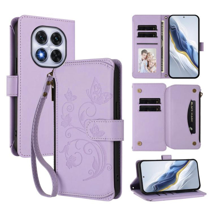 Funda de cuero para teléfono con cartera multitarjeta con cremallera y diseño de mariposa y flor de amor, For Redmi A5 4G 173.3mm, For Redmi Note 14S 4G / Note 13 Pro 4G, For Redmi Note 14 4G 164.84mm, For Redmi Note 14 Pro 5G / Note 14 Pro+ 5G        ...