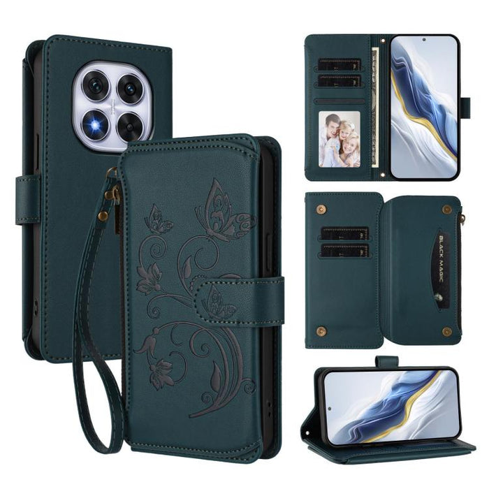 Funda de cuero para teléfono con cartera multitarjeta con cremallera y diseño de mariposa y flor de amor, For Redmi A5 4G 173.3mm, For Redmi Note 14S 4G / Note 13 Pro 4G, For Redmi Note 14 4G 164.84mm, For Redmi Note 14 Pro 5G / Note 14 Pro+ 5G        ...