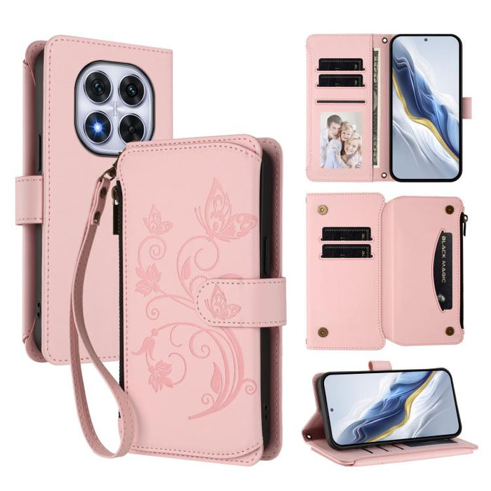 Funda de cuero para teléfono con cartera multitarjeta con cremallera y diseño de mariposa y flor de amor, For Redmi A5 4G 173.3mm, For Redmi Note 14S 4G / Note 13 Pro 4G, For Redmi Note 14 4G 164.84mm, For Redmi Note 14 Pro 5G / Note 14 Pro+ 5G        ...