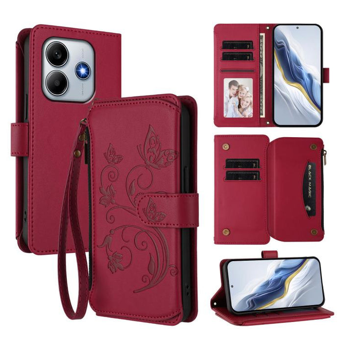 Funda de cuero para teléfono con cartera multitarjeta con cremallera y diseño de mariposa y flor de amor, For Redmi A5 4G 173.3mm, For Redmi Note 14S 4G / Note 13 Pro 4G, For Redmi Note 14 4G 164.84mm, For Redmi Note 14 Pro 5G / Note 14 Pro+ 5G        ...