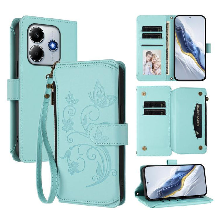 Funda de cuero para teléfono con cartera multitarjeta con cremallera y diseño de mariposa y flor de amor, For Redmi A5 4G 173.3mm, For Redmi Note 14S 4G / Note 13 Pro 4G, For Redmi Note 14 4G 164.84mm, For Redmi Note 14 Pro 5G / Note 14 Pro+ 5G        ...