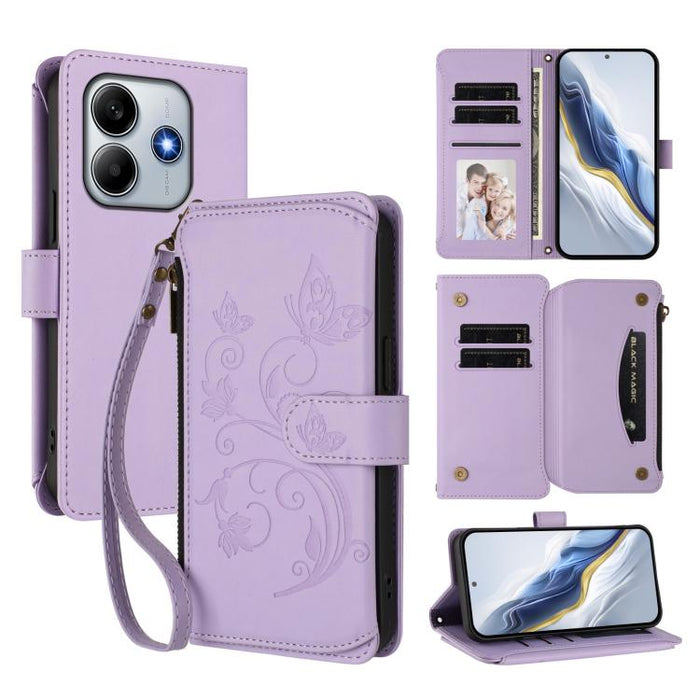 Funda de cuero para teléfono con cartera multitarjeta con cremallera y diseño de mariposa y flor de amor, For Redmi A5 4G 173.3mm, For Redmi Note 14S 4G / Note 13 Pro 4G, For Redmi Note 14 4G 164.84mm, For Redmi Note 14 Pro 5G / Note 14 Pro+ 5G        ...