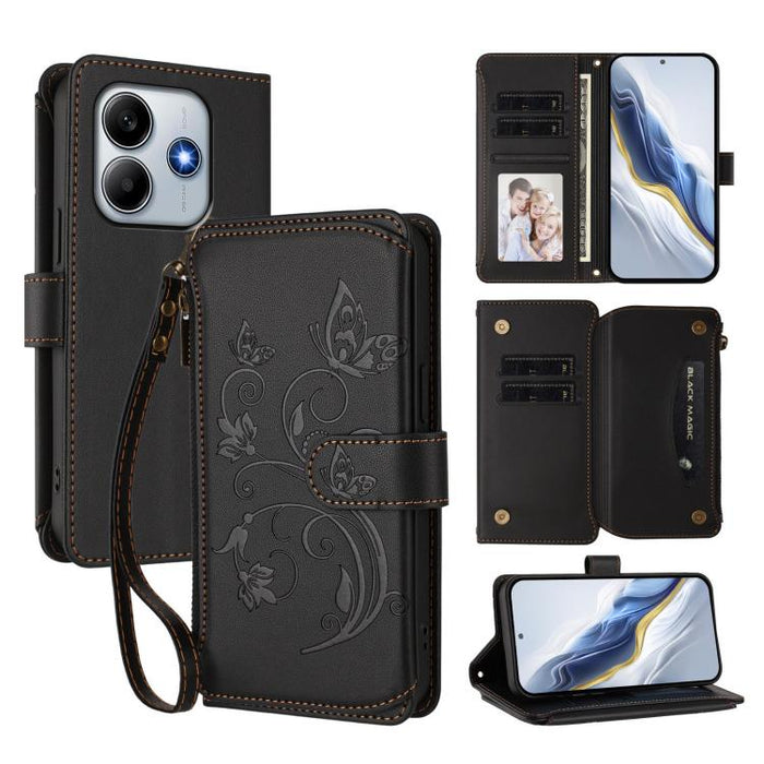 Funda de cuero para teléfono con cartera multitarjeta con cremallera y diseño de mariposa y flor de amor, For Redmi A5 4G 173.3mm, For Redmi Note 14S 4G / Note 13 Pro 4G, For Redmi Note 14 4G 164.84mm, For Redmi Note 14 Pro 5G / Note 14 Pro+ 5G        ...