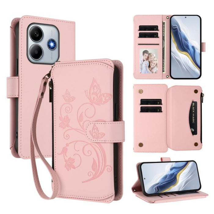 Funda de cuero para teléfono con cartera multitarjeta con cremallera y diseño de mariposa y flor de amor, For Redmi A5 4G 173.3mm, For Redmi Note 14S 4G / Note 13 Pro 4G, For Redmi Note 14 4G 164.84mm, For Redmi Note 14 Pro 5G / Note 14 Pro+ 5G        ...