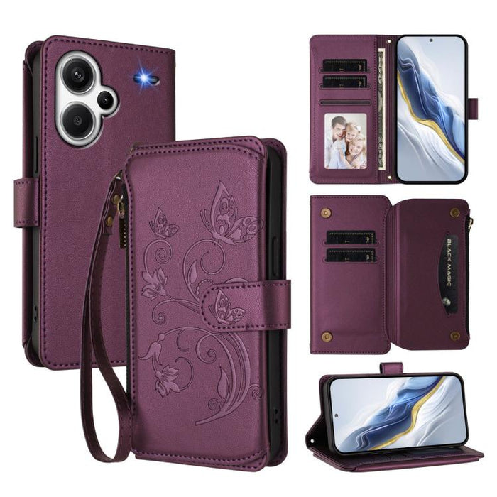Funda de cuero para teléfono con cartera multitarjeta con cremallera y diseño de mariposa y flor de amor, For Redmi Note 13 Pro 5G / Poco X6, For Redmi Note 13 5G, For Redmi Note 13 Pro+, For Redmi 12 4G / 5G / Note 12R, For Redmi Note 12T Pro / K50i  ...