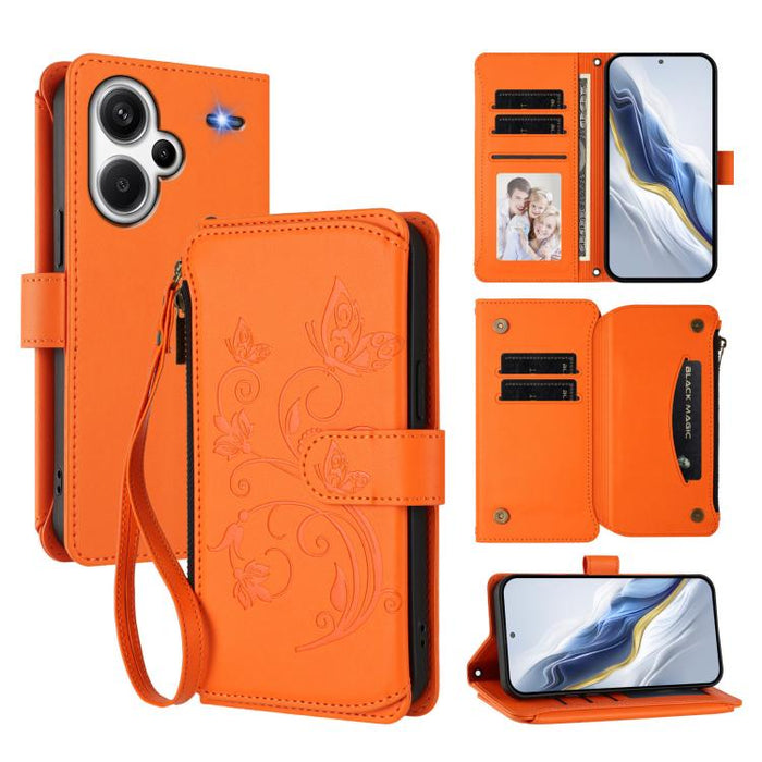 Funda de cuero para teléfono con cartera multitarjeta con cremallera y diseño de mariposa y flor de amor, For Redmi Note 13 Pro 5G / Poco X6, For Redmi Note 13 5G, For Redmi Note 13 Pro+, For Redmi 12 4G / 5G / Note 12R, For Redmi Note 12T Pro / K50i  ...