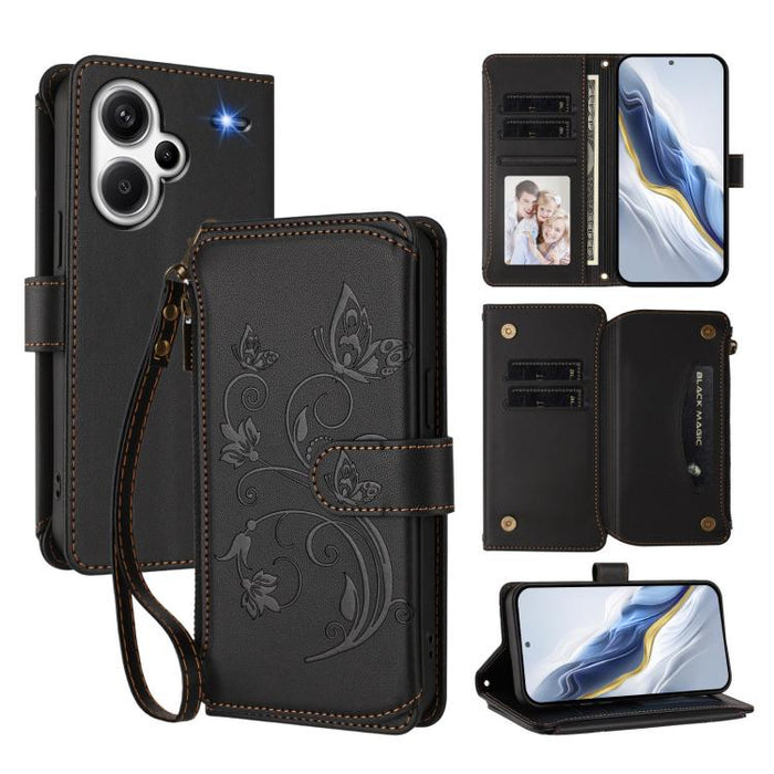 Funda de cuero para teléfono con cartera multitarjeta con cremallera y diseño de mariposa y flor de amor, For Redmi Note 13 Pro 5G / Poco X6, For Redmi Note 13 5G, For Redmi Note 13 Pro+, For Redmi 12 4G / 5G / Note 12R, For Redmi Note 12T Pro / K50i  ...