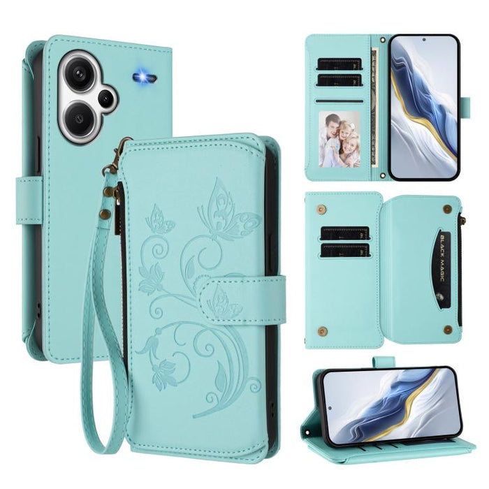Funda de cuero para teléfono con cartera multitarjeta con cremallera y diseño de mariposa y flor de amor, For Redmi Note 13 Pro 5G / Poco X6, For Redmi Note 13 5G, For Redmi Note 13 Pro+, For Redmi 12 4G / 5G / Note 12R, For Redmi Note 12T Pro / K50i  ...