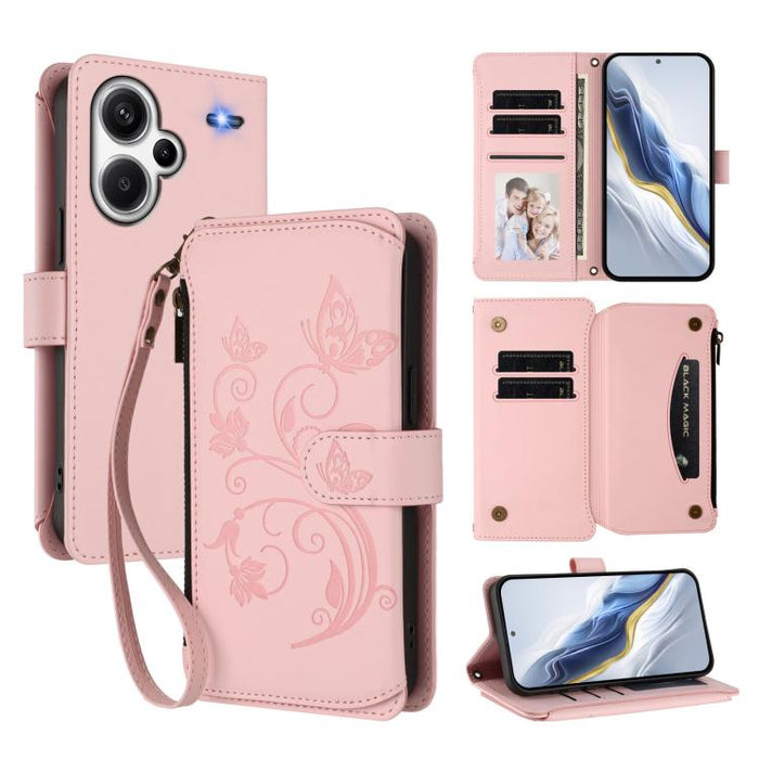 Funda de cuero para teléfono con cartera multitarjeta con cremallera y diseño de mariposa y flor de amor, For Redmi Note 13 Pro 5G / Poco X6, For Redmi Note 13 5G, For Redmi Note 13 Pro+, For Redmi 12 4G / 5G / Note 12R, For Redmi Note 12T Pro / K50i  ...