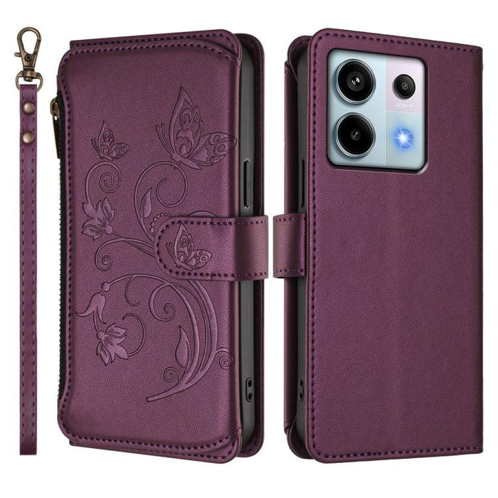 Funda de cuero para teléfono con cartera multitarjeta con cremallera y diseño de mariposa y flor de amor, For Redmi Note 13 Pro 5G / Poco X6, For Redmi Note 13 5G, For Redmi Note 13 Pro+, For Redmi 12 4G / 5G / Note 12R, For Redmi Note 12T Pro / K50i  ...