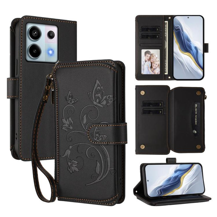 Funda de cuero para teléfono con cartera multitarjeta con cremallera y diseño de mariposa y flor de amor, For Redmi Note 13 Pro 5G / Poco X6, For Redmi Note 13 5G, For Redmi Note 13 Pro+, For Redmi 12 4G / 5G / Note 12R, For Redmi Note 12T Pro / K50i  ...
