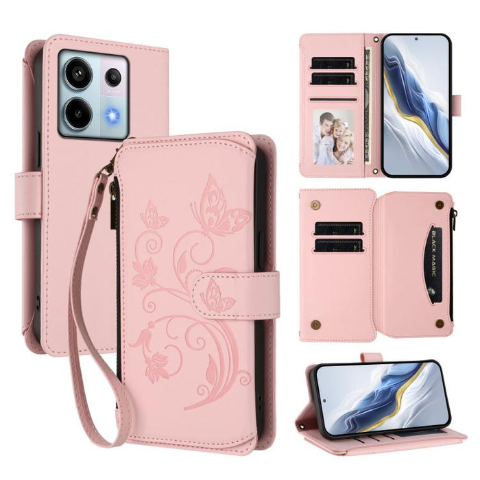 Funda de cuero para teléfono con cartera multitarjeta con cremallera y diseño de mariposa y flor de amor, For Redmi Note 13 Pro 5G / Poco X6, For Redmi Note 13 5G, For Redmi Note 13 Pro+, For Redmi 12 4G / 5G / Note 12R, For Redmi Note 12T Pro / K50i  ...