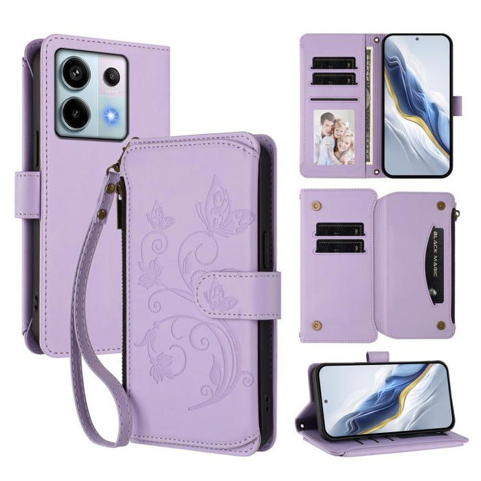 Funda de cuero para teléfono con cartera multitarjeta con cremallera y diseño de mariposa y flor de amor, For Redmi Note 13 Pro 5G / Poco X6, For Redmi Note 13 5G, For Redmi Note 13 Pro+, For Redmi 12 4G / 5G / Note 12R, For Redmi Note 12T Pro / K50i  ...
