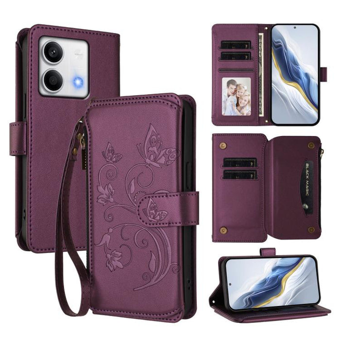 Funda de cuero para teléfono con cartera multitarjeta con cremallera y diseño de mariposa y flor de amor, For Redmi Note 13 Pro 5G / Poco X6, For Redmi Note 13 5G, For Redmi Note 13 Pro+, For Redmi 12 4G / 5G / Note 12R, For Redmi Note 12T Pro / K50i  ...