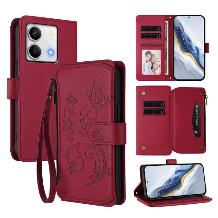 Funda de cuero para teléfono con cartera multitarjeta con cremallera y diseño de mariposa y flor de amor, For Redmi Note 13 Pro 5G / Poco X6, For Redmi Note 13 5G, For Redmi Note 13 Pro+, For Redmi 12 4G / 5G / Note 12R, For Redmi Note 12T Pro / K50i  ...