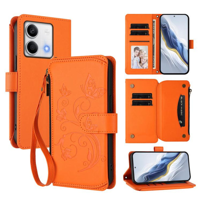 Funda de cuero para teléfono con cartera multitarjeta con cremallera y diseño de mariposa y flor de amor, For Redmi Note 13 Pro 5G / Poco X6, For Redmi Note 13 5G, For Redmi Note 13 Pro+, For Redmi 12 4G / 5G / Note 12R, For Redmi Note 12T Pro / K50i  ...