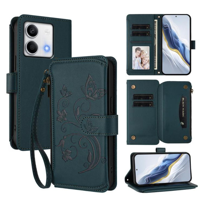 Funda de cuero para teléfono con cartera multitarjeta con cremallera y diseño de mariposa y flor de amor, For Redmi Note 13 Pro 5G / Poco X6, For Redmi Note 13 5G, For Redmi Note 13 Pro+, For Redmi 12 4G / 5G / Note 12R, For Redmi Note 12T Pro / K50i  ...
