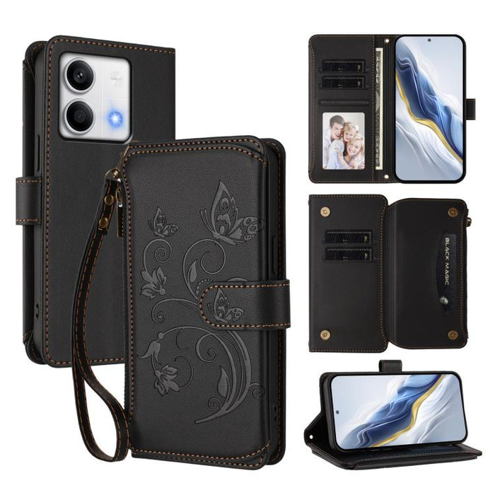 Funda de cuero para teléfono con cartera multitarjeta con cremallera y diseño de mariposa y flor de amor, For Redmi Note 13 Pro 5G / Poco X6, For Redmi Note 13 5G, For Redmi Note 13 Pro+, For Redmi 12 4G / 5G / Note 12R, For Redmi Note 12T Pro / K50i  ...