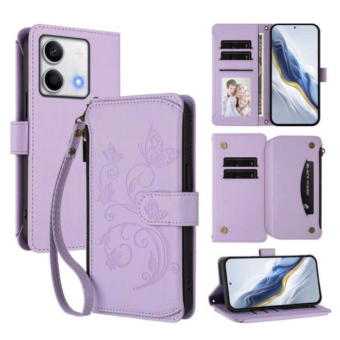Funda de cuero para teléfono con cartera multitarjeta con cremallera y diseño de mariposa y flor de amor, For Redmi Note 13 Pro 5G / Poco X6, For Redmi Note 13 5G, For Redmi Note 13 Pro+, For Redmi 12 4G / 5G / Note 12R, For Redmi Note 12T Pro / K50i  ...