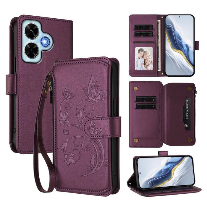 Funda de cuero para teléfono con cartera multitarjeta con cremallera y diseño de mariposa y flor de amor, For Redmi A5 4G 173.3mm, For Redmi Note 14S 4G / Note 13 Pro 4G, For Redmi Note 14 4G 164.84mm, For Redmi Note 14 Pro 5G / Note 14 Pro+ 5G        ...