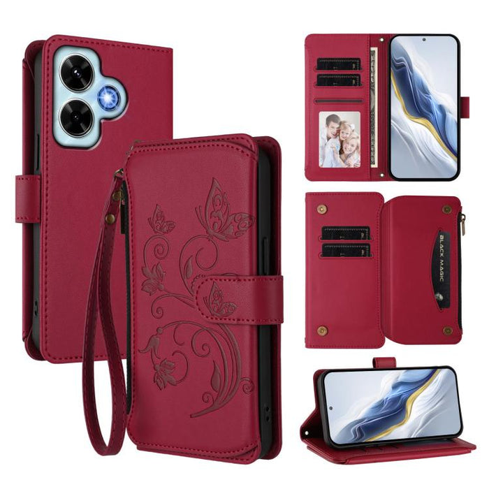 Funda de cuero para teléfono con cartera multitarjeta con cremallera y diseño de mariposa y flor de amor, For Redmi A5 4G 173.3mm, For Redmi Note 14S 4G / Note 13 Pro 4G, For Redmi Note 14 4G 164.84mm, For Redmi Note 14 Pro 5G / Note 14 Pro+ 5G        ...