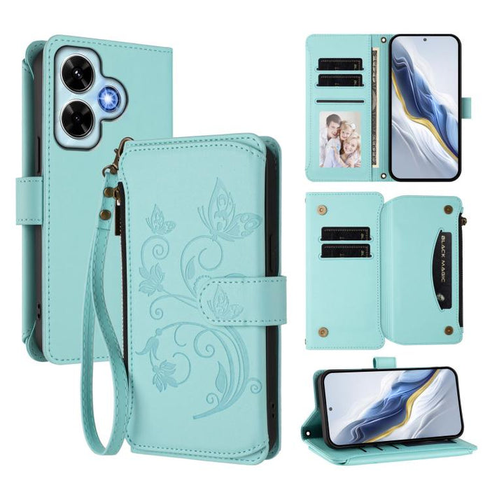 Funda de cuero para teléfono con cartera multitarjeta con cremallera y diseño de mariposa y flor de amor, For Redmi A5 4G 173.3mm, For Redmi Note 14S 4G / Note 13 Pro 4G, For Redmi Note 14 4G 164.84mm, For Redmi Note 14 Pro 5G / Note 14 Pro+ 5G        ...