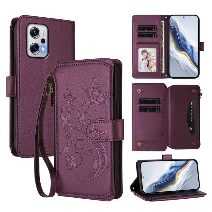 Funda de cuero para teléfono con cartera multitarjeta con cremallera y diseño de mariposa y flor de amor, For Redmi Note 13 Pro 5G / Poco X6, For Redmi Note 13 5G, For Redmi Note 13 Pro+, For Redmi 12 4G / 5G / Note 12R, For Redmi Note 12T Pro / K50i  ...