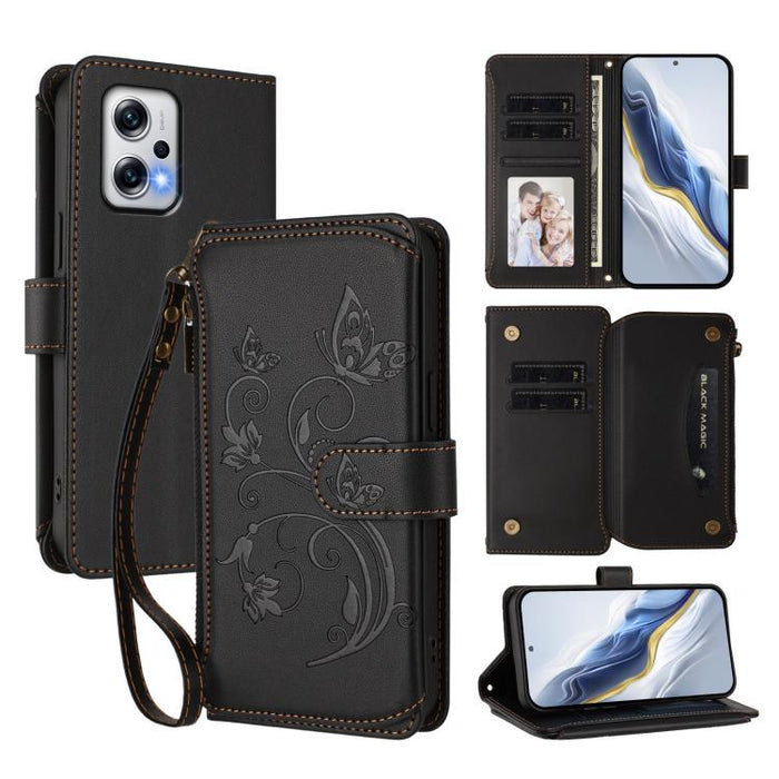 Funda de cuero para teléfono con cartera multitarjeta con cremallera y diseño de mariposa y flor de amor, For Redmi Note 13 Pro 5G / Poco X6, For Redmi Note 13 5G, For Redmi Note 13 Pro+, For Redmi 12 4G / 5G / Note 12R, For Redmi Note 12T Pro / K50i  ...