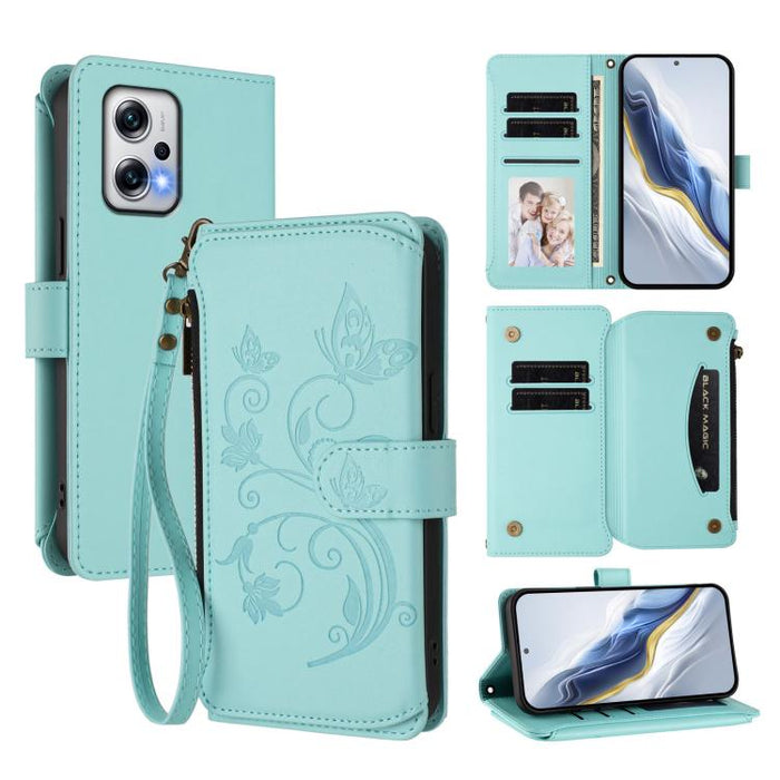 Funda de cuero para teléfono con cartera multitarjeta con cremallera y diseño de mariposa y flor de amor, For Redmi Note 13 Pro 5G / Poco X6, For Redmi Note 13 5G, For Redmi Note 13 Pro+, For Redmi 12 4G / 5G / Note 12R, For Redmi Note 12T Pro / K50i  ...