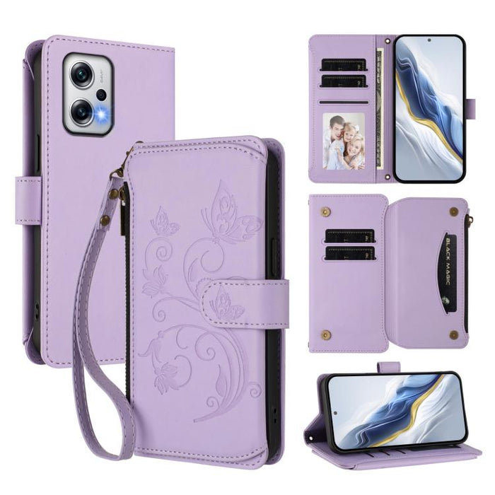 Funda de cuero para teléfono con cartera multitarjeta con cremallera y diseño de mariposa y flor de amor, For Redmi Note 13 Pro 5G / Poco X6, For Redmi Note 13 5G, For Redmi Note 13 Pro+, For Redmi 12 4G / 5G / Note 12R, For Redmi Note 12T Pro / K50i  ...