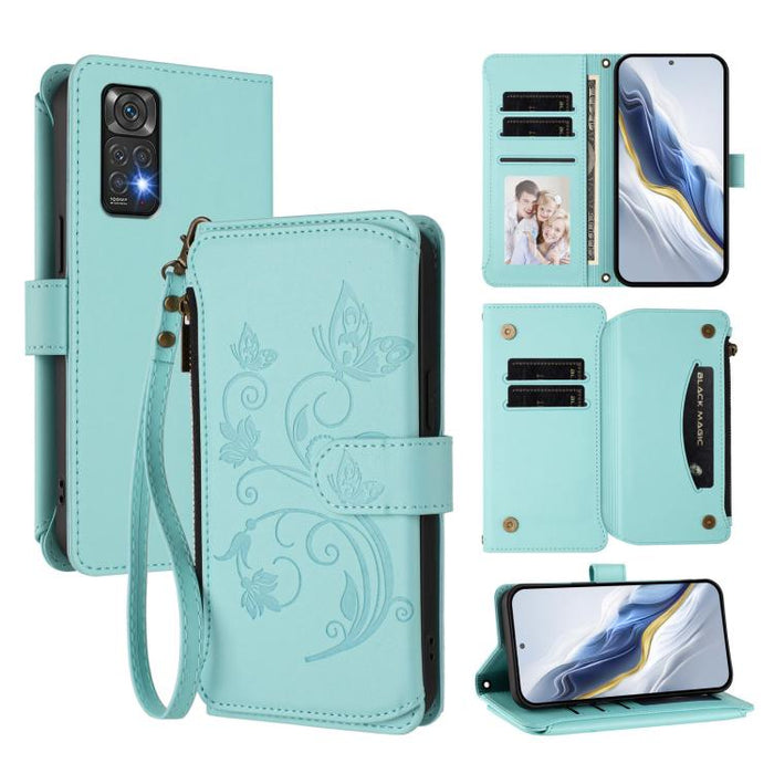 Funda de cuero para teléfono con cartera multitarjeta con cremallera y diseño de mariposa y flor de amor, For Redmi Note 13 Pro 5G / Poco X6, For Redmi Note 13 5G, For Redmi Note 13 Pro+, For Redmi 12 4G / 5G / Note 12R, For Redmi Note 12T Pro / K50i  ...