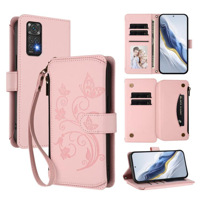 Funda de cuero para teléfono con cartera multitarjeta con cremallera y diseño de mariposa y flor de amor, For Redmi Note 13 Pro 5G / Poco X6, For Redmi Note 13 5G, For Redmi Note 13 Pro+, For Redmi 12 4G / 5G / Note 12R, For Redmi Note 12T Pro / K50i  ...