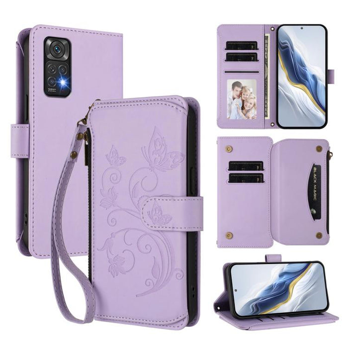 Funda de cuero para teléfono con cartera multitarjeta con cremallera y diseño de mariposa y flor de amor, For Redmi Note 13 Pro 5G / Poco X6, For Redmi Note 13 5G, For Redmi Note 13 Pro+, For Redmi 12 4G / 5G / Note 12R, For Redmi Note 12T Pro / K50i  ...