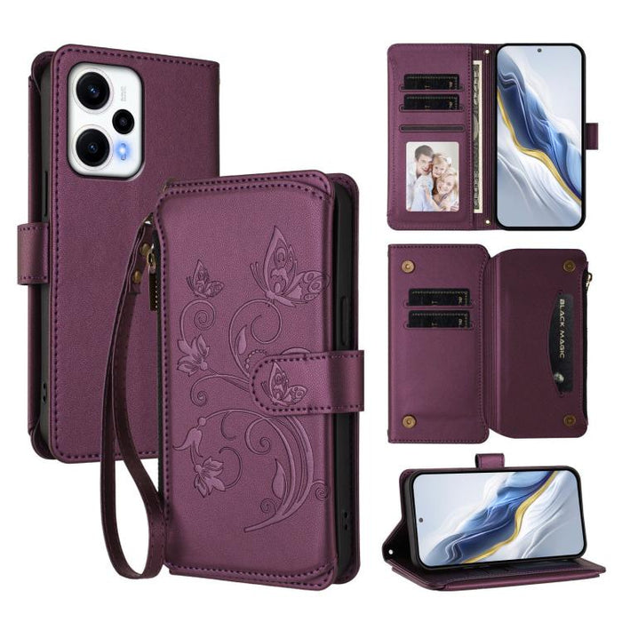 Funda de cuero para teléfono con cartera multitarjeta con cremallera y diseño de mariposa y flor de amor, For Redmi Note 13 Pro 5G / Poco X6, For Redmi Note 13 5G, For Redmi Note 13 Pro+, For Redmi 12 4G / 5G / Note 12R, For Redmi Note 12T Pro / K50i  ...
