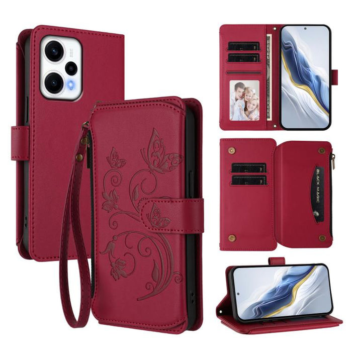 Funda de cuero para teléfono con cartera multitarjeta con cremallera y diseño de mariposa y flor de amor, For Redmi Note 13 Pro 5G / Poco X6, For Redmi Note 13 5G, For Redmi Note 13 Pro+, For Redmi 12 4G / 5G / Note 12R, For Redmi Note 12T Pro / K50i  ...