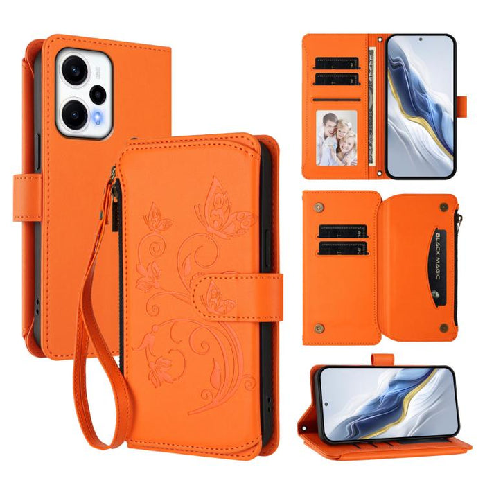 Funda de cuero para teléfono con cartera multitarjeta con cremallera y diseño de mariposa y flor de amor, For Redmi Note 13 Pro 5G / Poco X6, For Redmi Note 13 5G, For Redmi Note 13 Pro+, For Redmi 12 4G / 5G / Note 12R, For Redmi Note 12T Pro / K50i  ...
